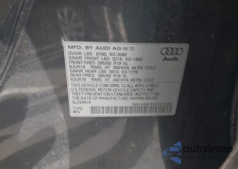 2013 Audi Q7 3.0T Premium из США, поврежденный, VIN WA1LGAFE6DD016391